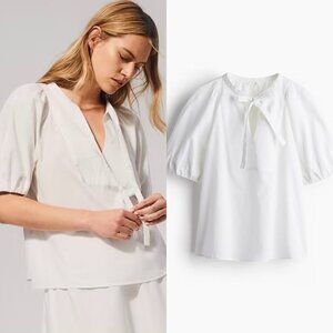 H&M Linen & Cotton Blend Tie-Neck Balloon-Sleeve Blouse in Crisp White (XL)